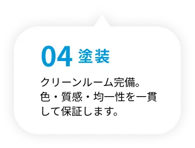 04 塗装 クリーンルーム（クラス10万）完備。色・質感・均一性を一貫して保証します。