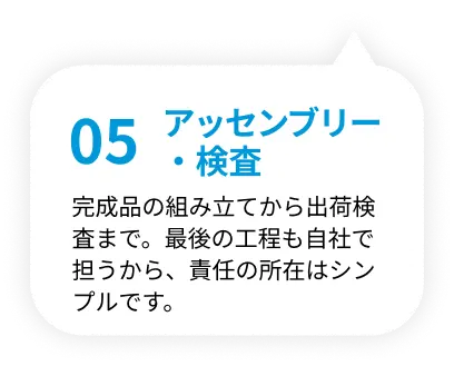 05 アッセンブリー・検査 完成品の組み立てから出荷検査まで。最後の工程も自社で担うから、責任の所在はシンプルです。